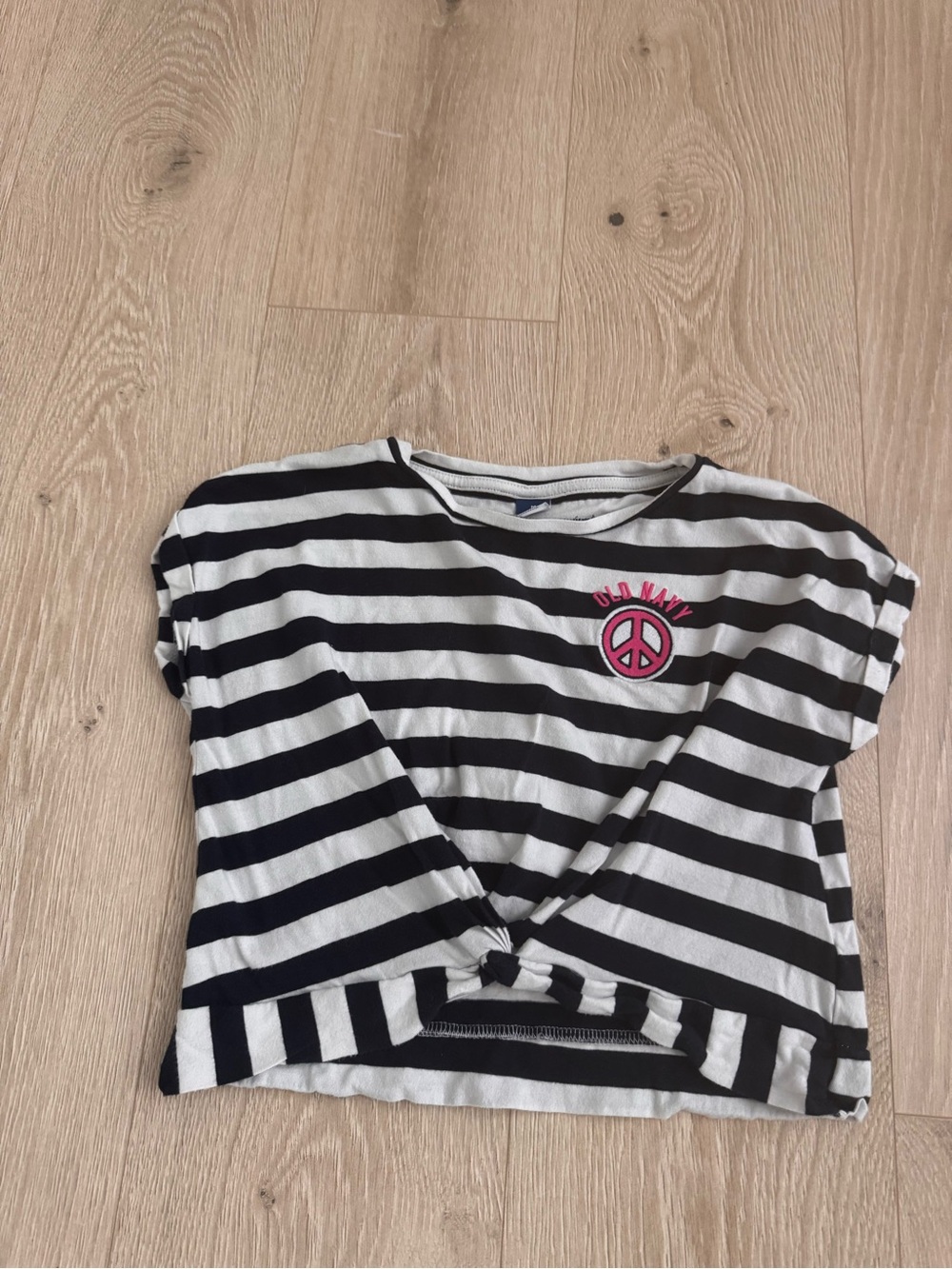 Old Navy Blue & White Striped Knot Tee with Pink Peace Patch